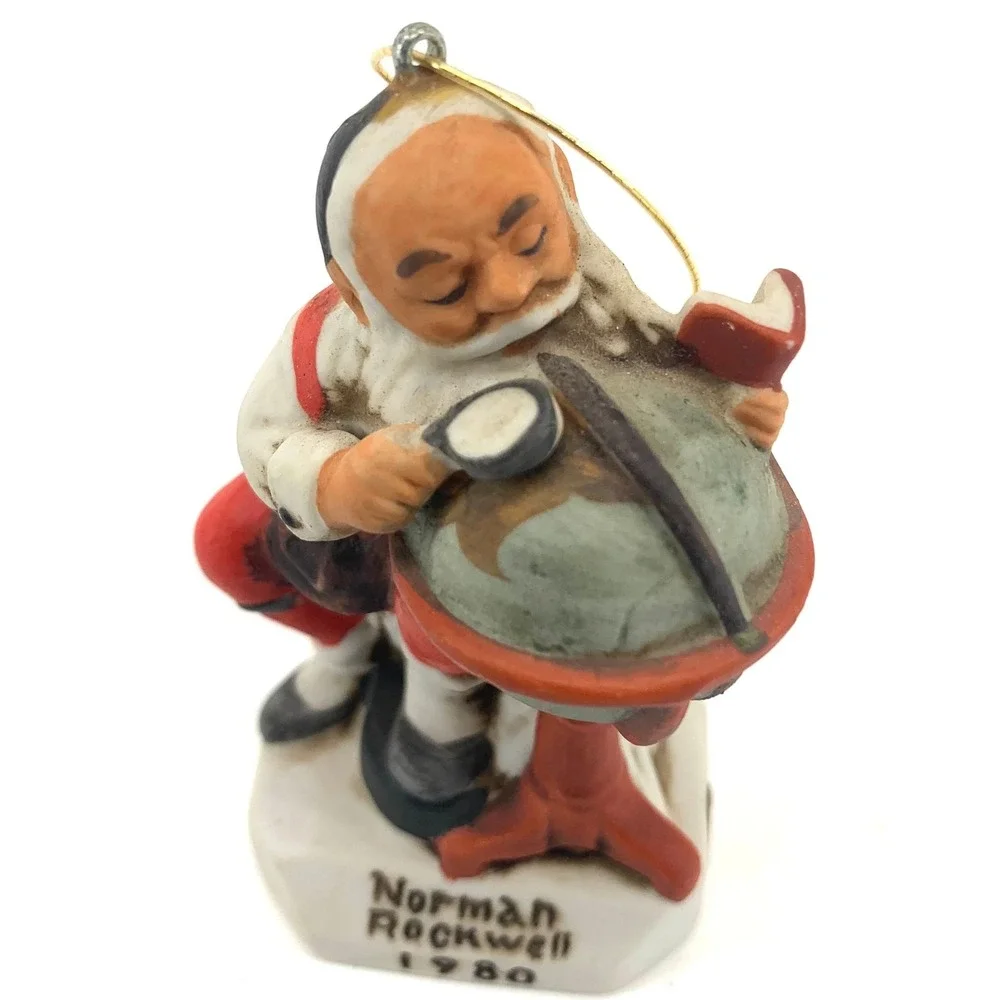 Norman Rockwell 1980‎ Santa Globe Explorer Ornament Set Lot of 2 Ceramic